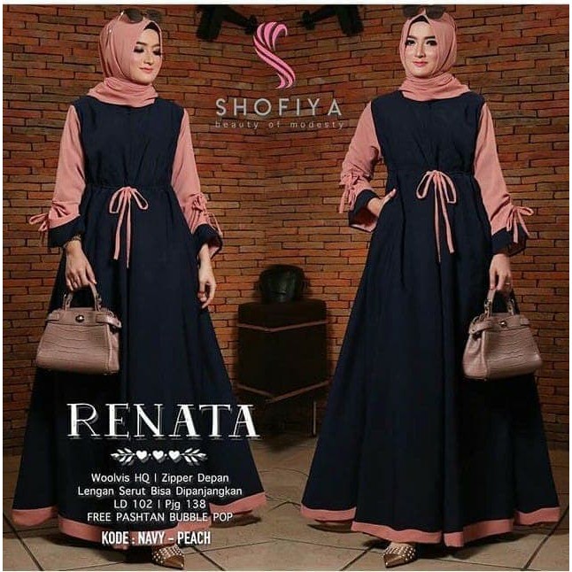 Renata dress muslim/Fashion Muslim/Dress Muslim Tanpa Hijab/Busui/Bisa Cod-navy combi pich