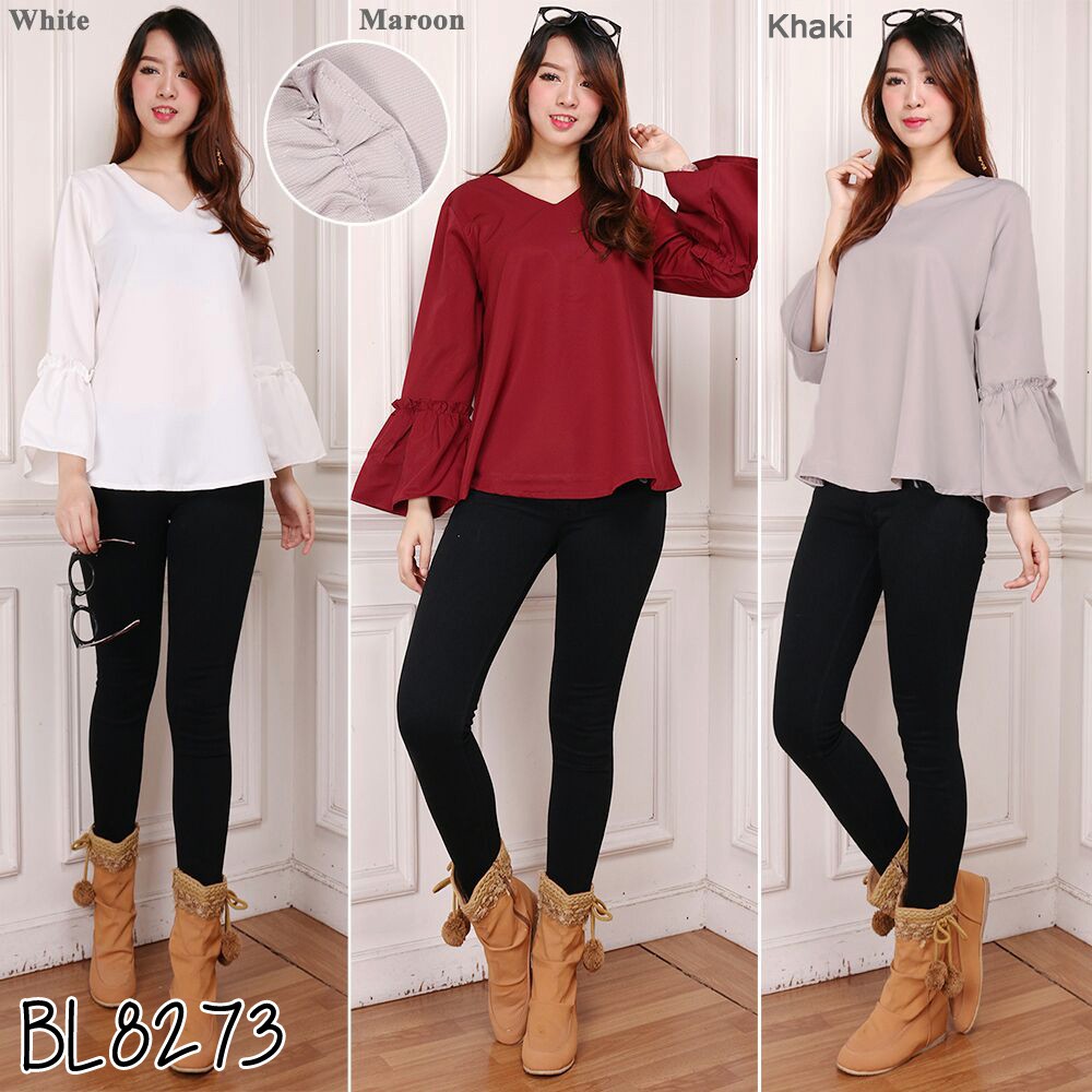 Baju atasan blouse polos lengan terompet maroon putih Baju atasan blouse polos lengan terompet maroon putih