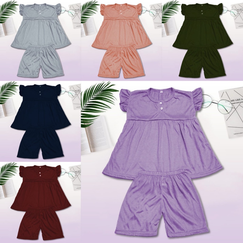 Setelan anak perempuan / setelan ruffle polos kancing / baju anak perempuan