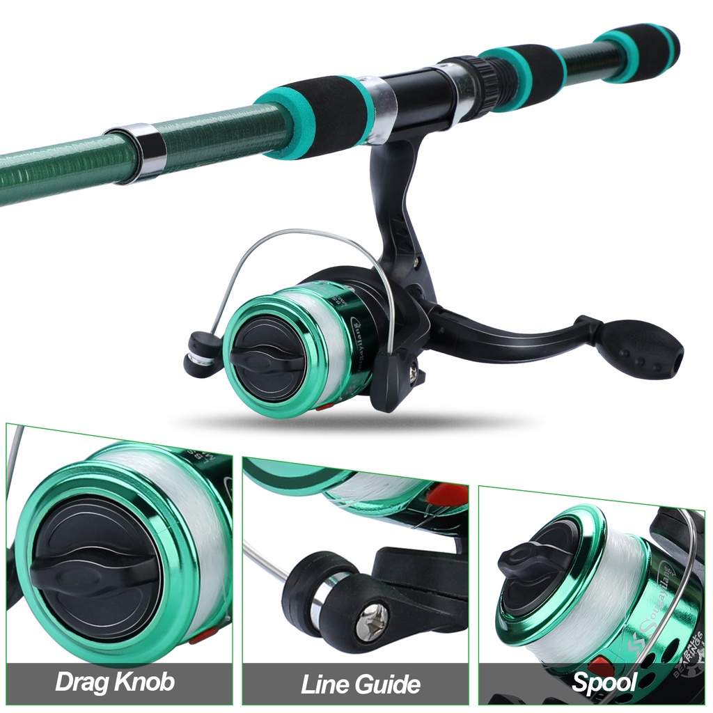 Set Pancing1.8M 6 Bagian Spinning Fishing Rod Reel Set Fiber Glass Telescopic untuk Air Tawar Anak-anak SET Joran Pancing lengkap