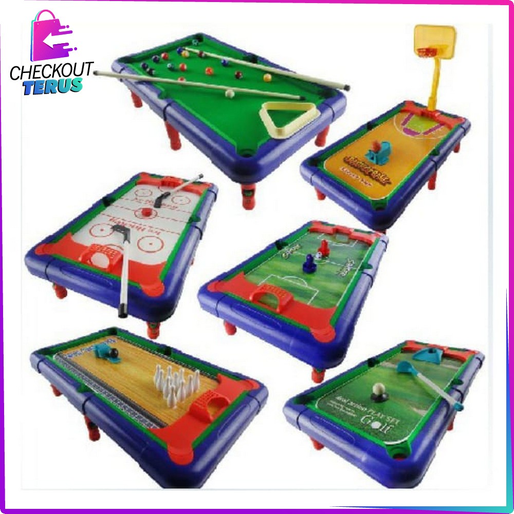 CT M54 Mainan Anak Laki Laki Game Meja Billiard Multifungsi 6in1 Bola Kaki Bowling Bola Basket Golf