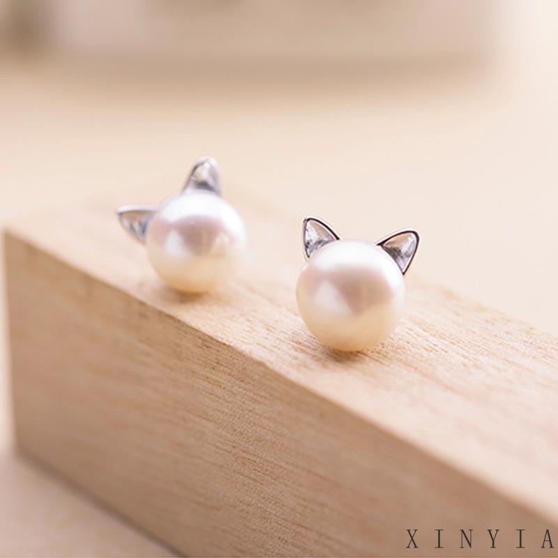 【Bayar di tempat】Anting Stud Desain Telinga Kucing Aksen Mutiara Imitasi Bahan 925 Silver Untuk Wanita