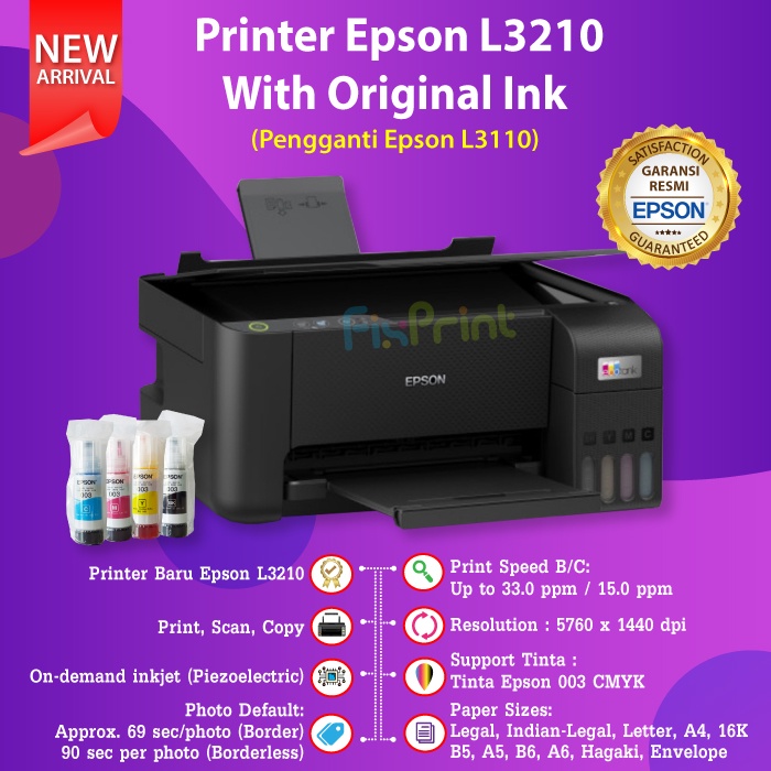 Printer Epson L3210 Print Scan Copy Ink Tank EcoTank L-3210 Pengganti L3110 Infus Pabrik Resmi