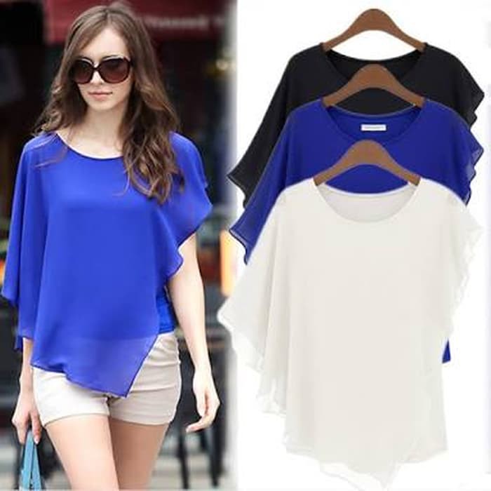Fashion Blouse Korea Sifon Kombinasi Jersey Model Sayap/Wings - Hitam
