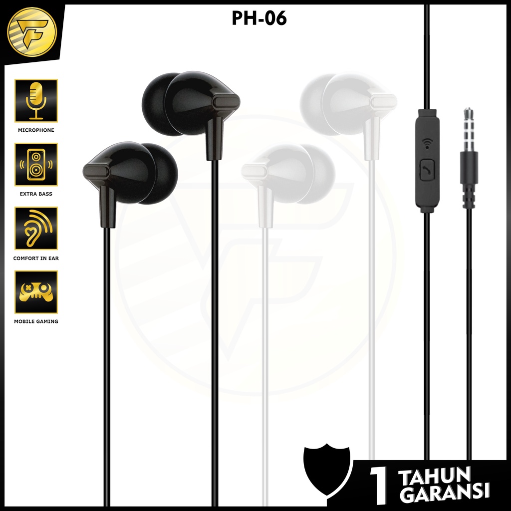 Earphone P06 stereo bass music telfon headset mic