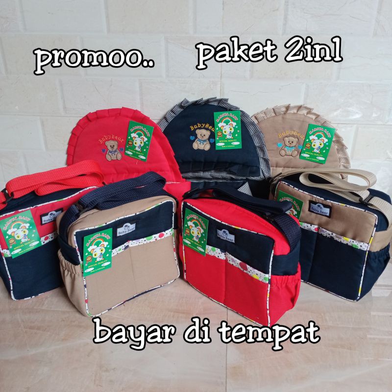 paket hemat gendongan bayi topi bordir dan tas bayi saku polos