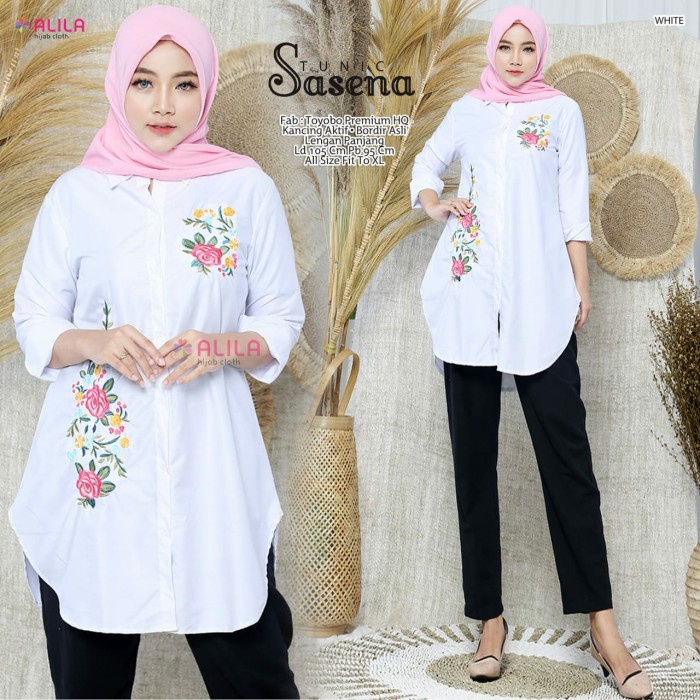 tunik putih wanita lengan panjang bordir ori cotton toyobo fodu - sasena, XL