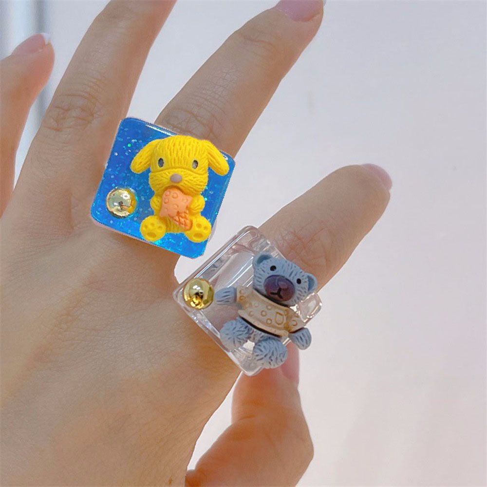 Needway  Women Girls Finger Ring 2021 New Style Fashion Accessories Resin Rings Bear Rabbit Bunny Dog Cute Lovely Acrylic Resin Sweet Korean Cartoon Animal Party Jewelry