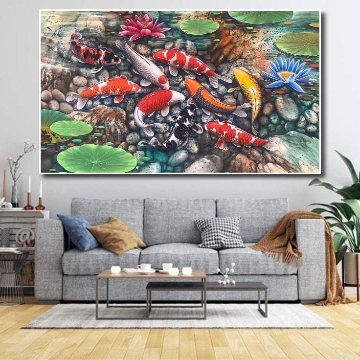 Lukisan Poster Ikan Koi hoki Fengshui 9 Jumbo 3 dimensi Xtra Besar Ukuran 70x50 cm 100x70cm 150x100c