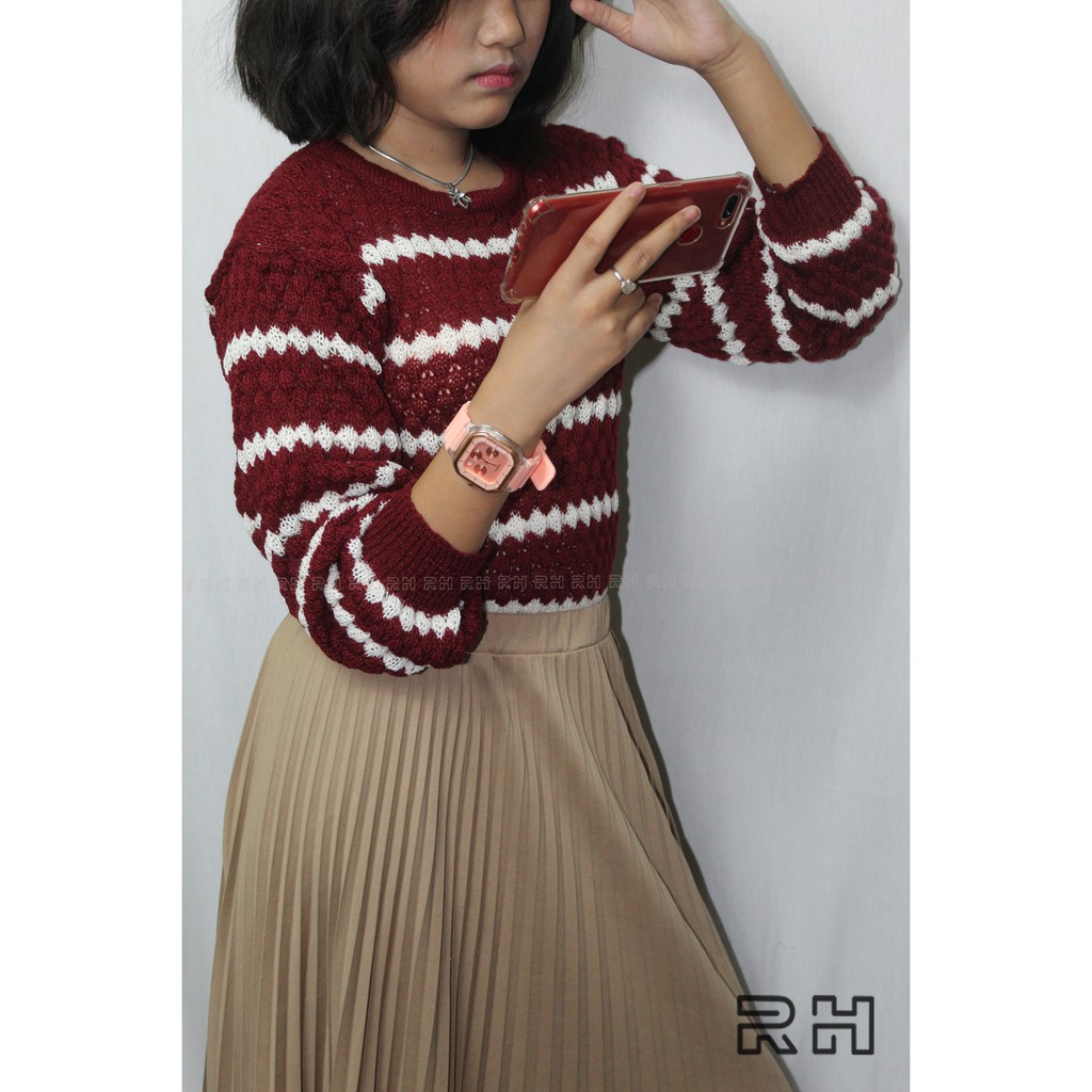 RAJUT SWEATER POPCORN STRIP / SWEATER WANITA NANAS STRIP / SWEATER WANITA KEKINIAN