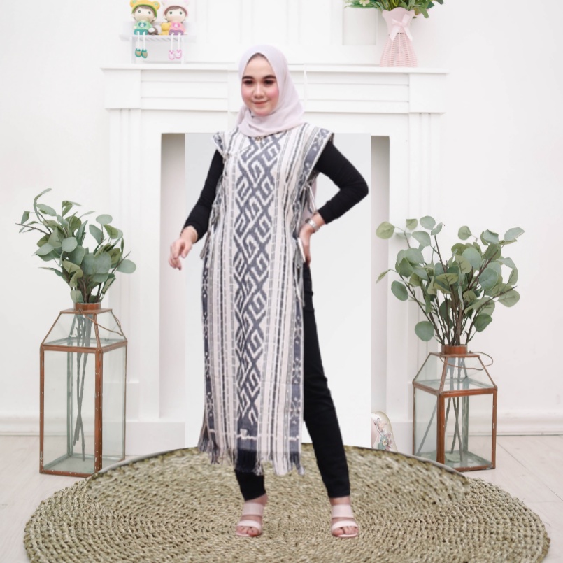 Long Vest Outer Wanita Muslim Hitam Putih Tenun Etnik Baju oter Muslimah Rompi Panjang Tanpa Lengan-Putih Tulang