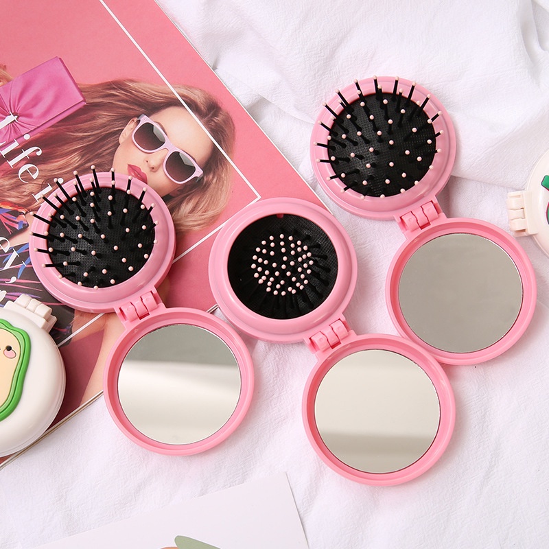 Sisir Rambut Lipat Kaca Portabel Mini Cermin Sisir Pijat Anti Rontok Karakter Super Cute