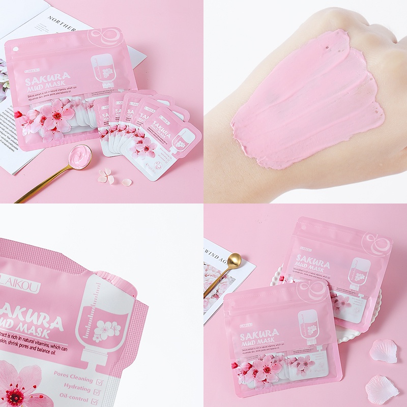 LAIKOU Sakura Mud Mask Sachet Pembersih Pori-pori Komedo Pemutih Mud Mask Jerawat 5g 1pc