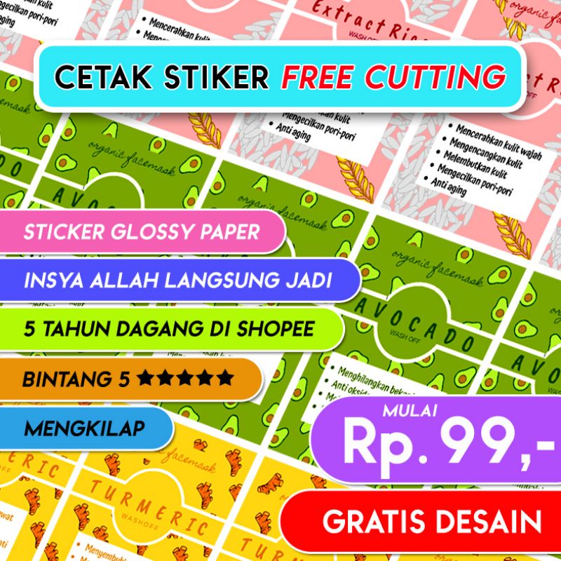 

Cetak Print Stiker Sticker Glossy Cutting Label Nama Toko Olshop Logo Merek Produk Kemasan Masker A4