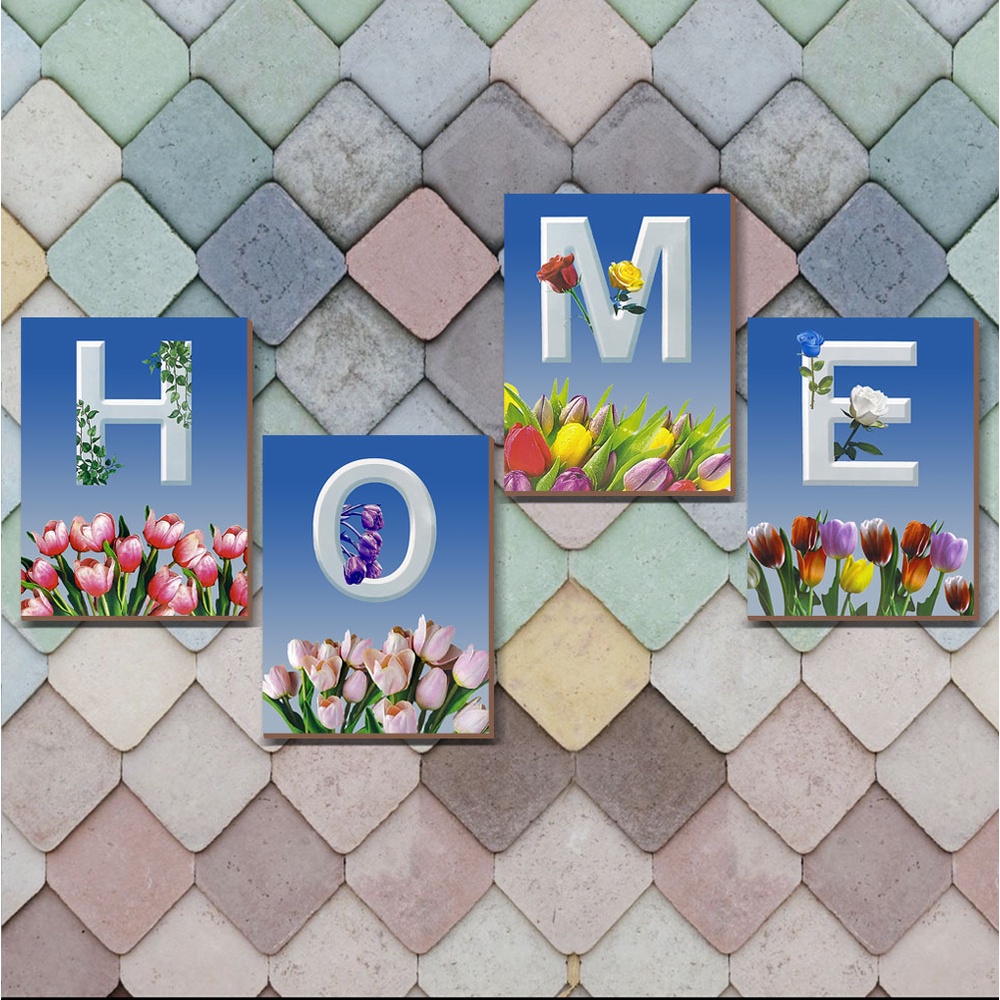 Hiasan Dinding 1 SET isi 4 Walldecor Untuk Dekorasi Rumah - HOME motif Bunga Tulip Pajangan Quotes Home Sweet Home