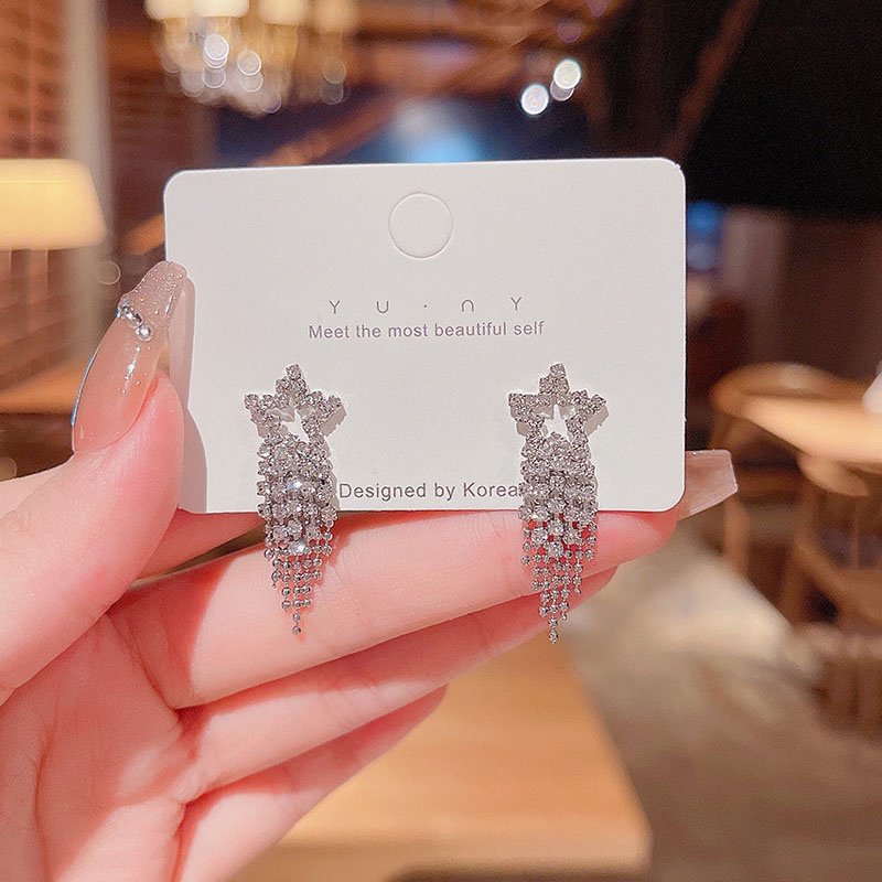 Anting S925 Silver Needle Model Rumbai Panjang Bentuk Bintang Aksen Berlian Penuh Untuk Wanita