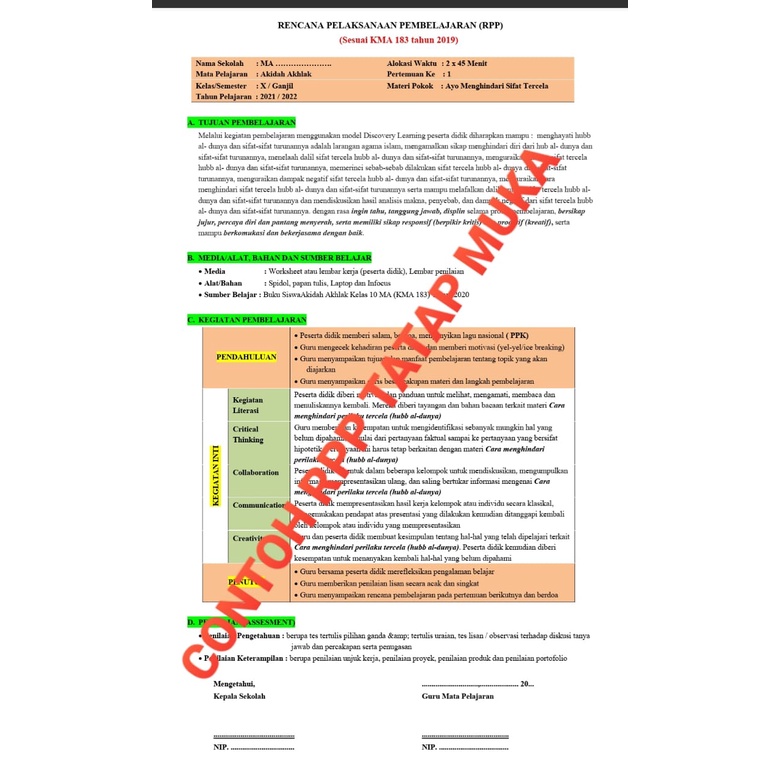 CD RPP 1 LEMBAR (RPP DARING,LURING/TATAP MUKA &amp; TIKOM SABAR) MA SKI KELAS X,XI,XII,2SEMESTER, SESUAI KMA183TAHUN 2019