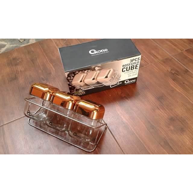 Toples Set Kaca - Rosegold Cube Storage Jar Oxone OX-354R