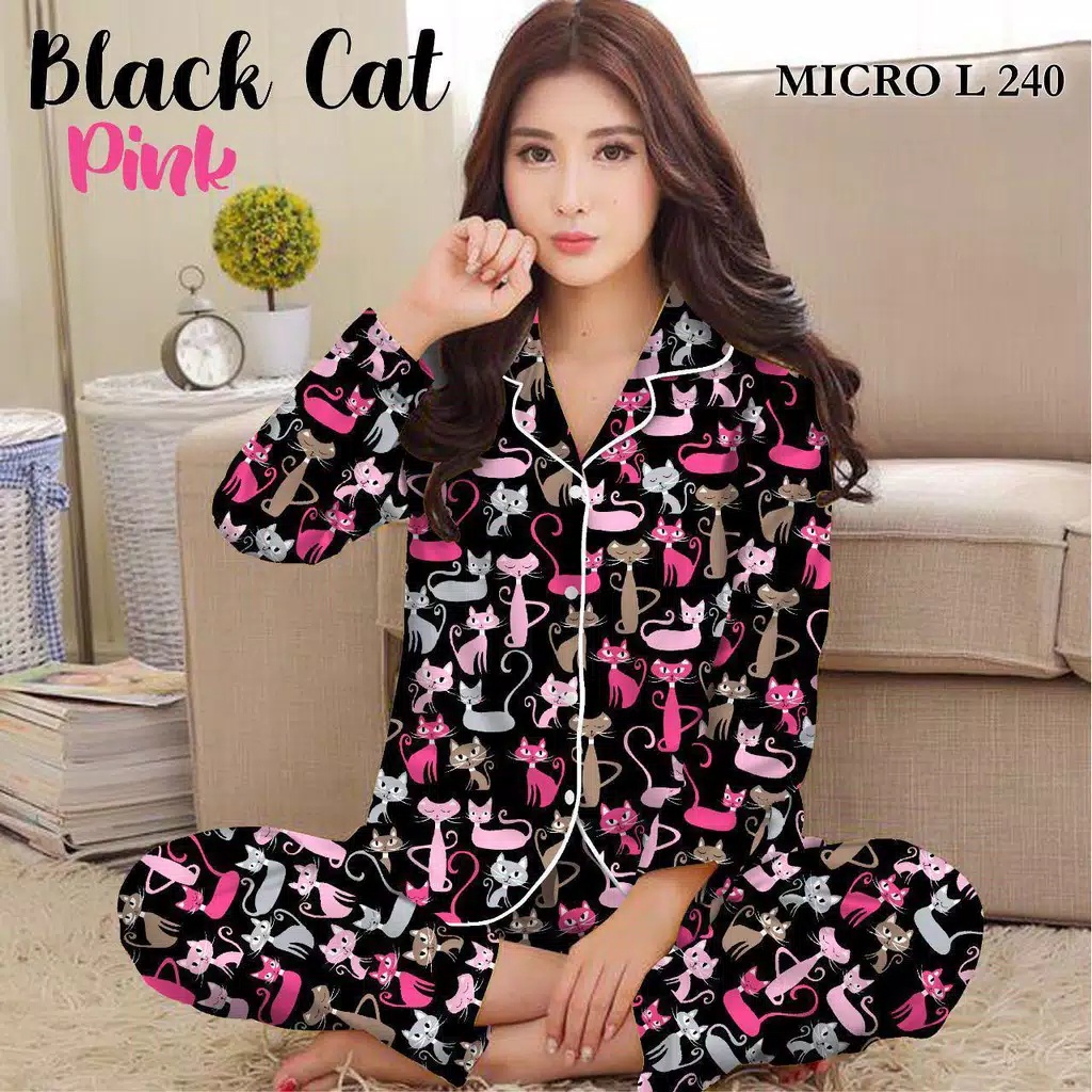 PIYAMA WANITA / BAJU TIDUR WANITA MOTIF LENGAN PANJANG MOTIF KOTAK PP-PP BLACKCAT