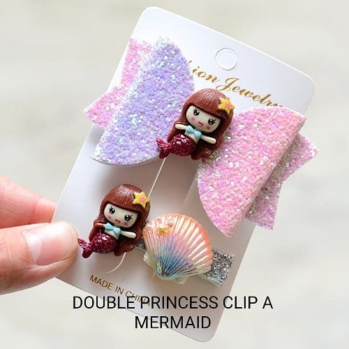 DOUBLE PRINCESS CLIP JEPIT RAMBUT ANAK PEREMPUAN MOTIF PRINCESS ELSA FROZEN MERMAID IMPOR KOREA