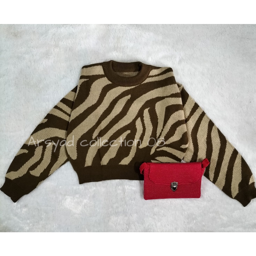 SWEATER RAJUT CROP TOP KNIT MOTIF ZEBRA