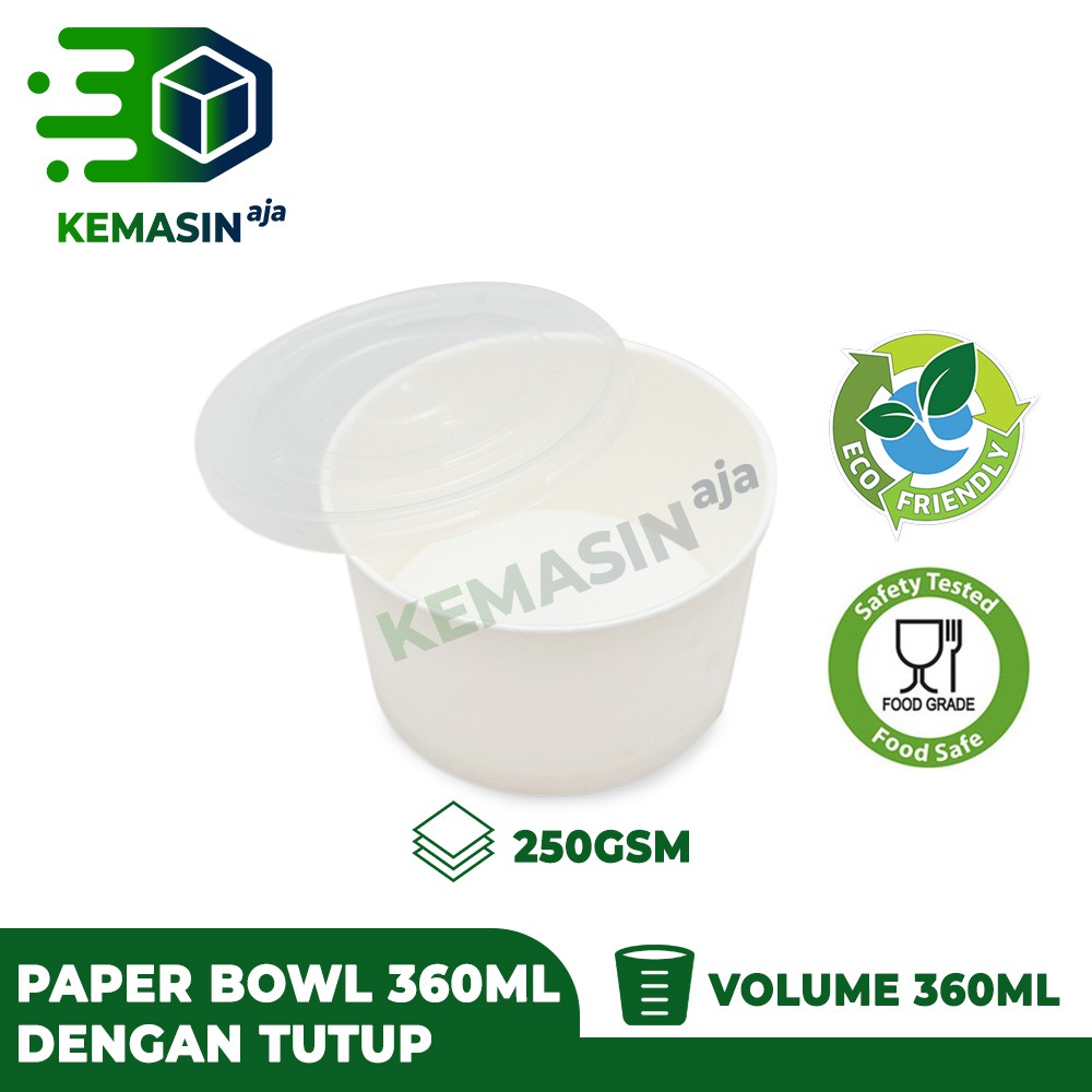 Paper Bowl 360ml + Tutup Bisa Microwave Tebal Tahan Panas (Food Grade)