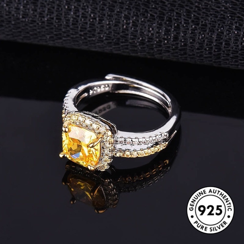 [S925]Fashion Elegant Double-Layer Full Diamond Princess Square Yellow Diamond Open Ring S925 Silver