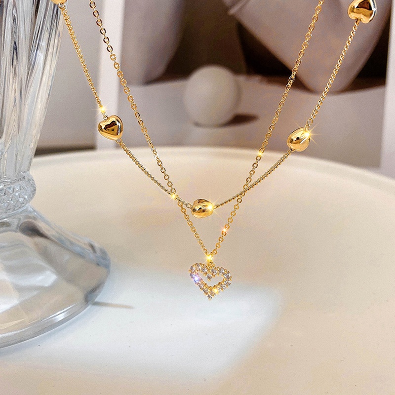 Fashion Wanita Kalung Double Stacked Chain Heart Necklace