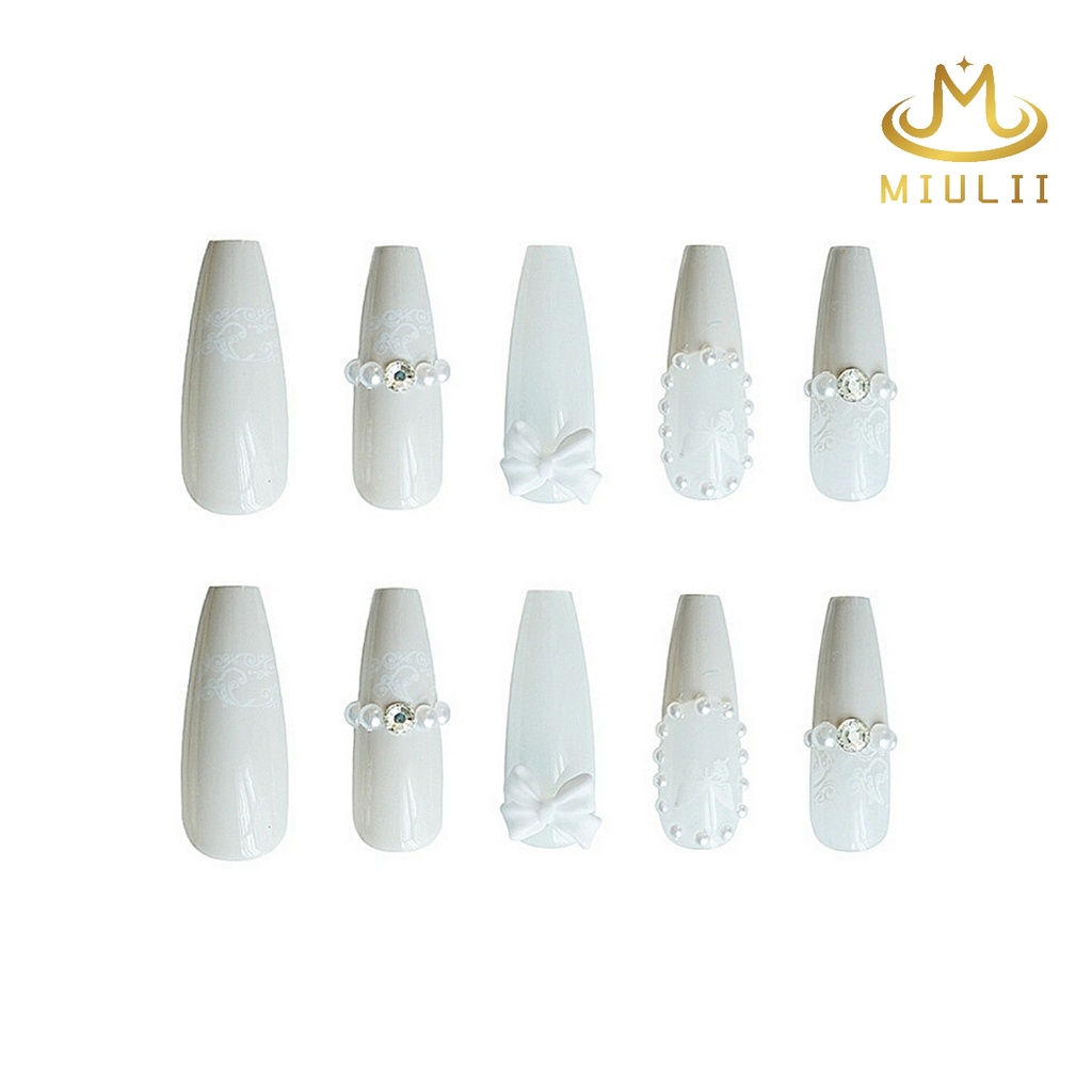 MIULII / KUKU PALSU PANJANG Romantic White A0212  / 24PCS / 3D / NAIL ART / PREMIUM / CUTE / PUTIH / WEDDING  / FREE LEM JELLY / KUTEK