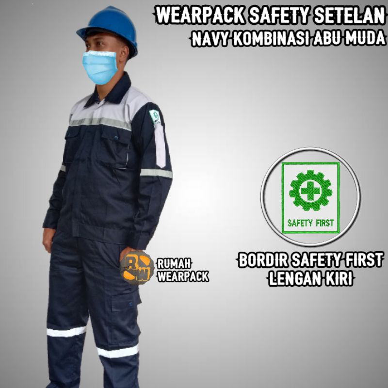 Setelan Wearpack Safety dan Celana Safety Warna Navy Kombinasi Abu Muda