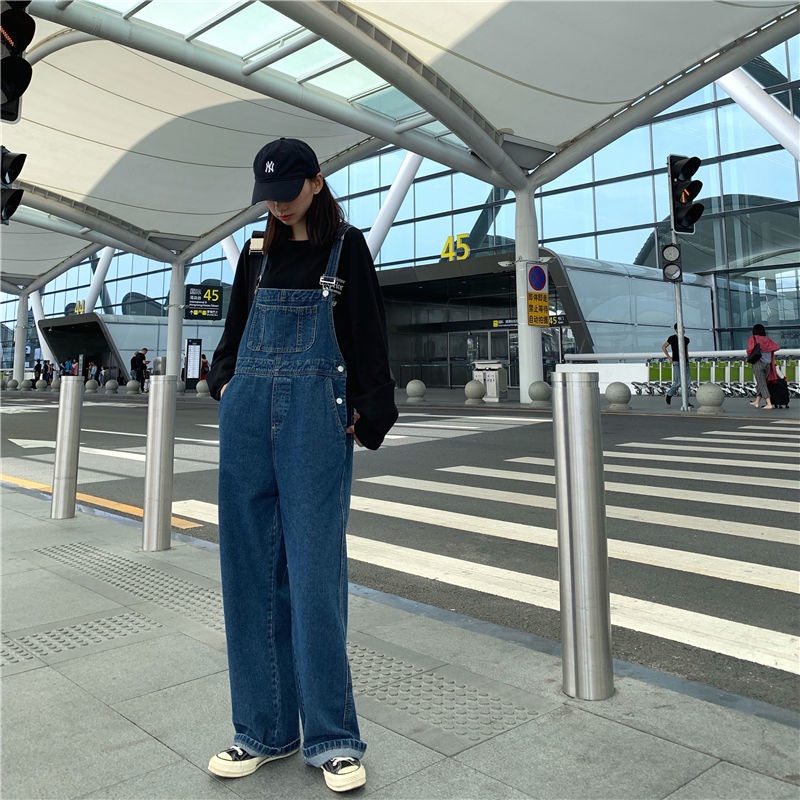 Retro denim overall perempuan musim semi 2022 baru versi Korea dari siswa longgar tinggi pinggang le