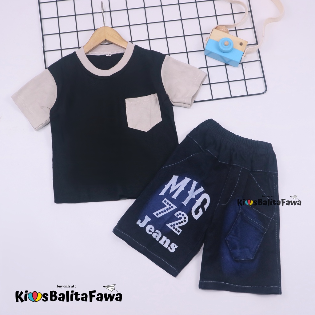 Setelan John Ethes uk 3-4 Tahun / Baju Anak Laki-Laki Lengan Pendek Celana Jeans Set Oblong Kantong