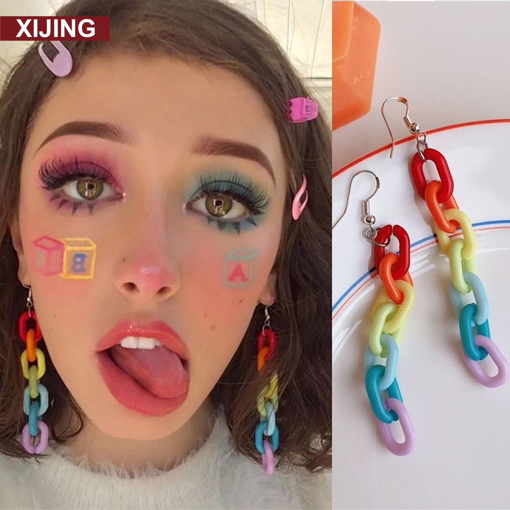 【COD Tangding】Anting Rantai Bahan Plastik Akrilik Warna Pelangi