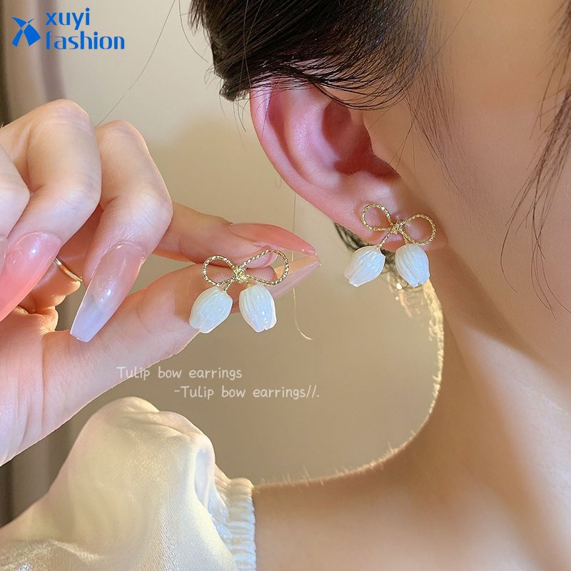 Anting Tusuk Gantung Desain Bunga Anggrek Warna Gold Gaya Elegan Untuk Wanita