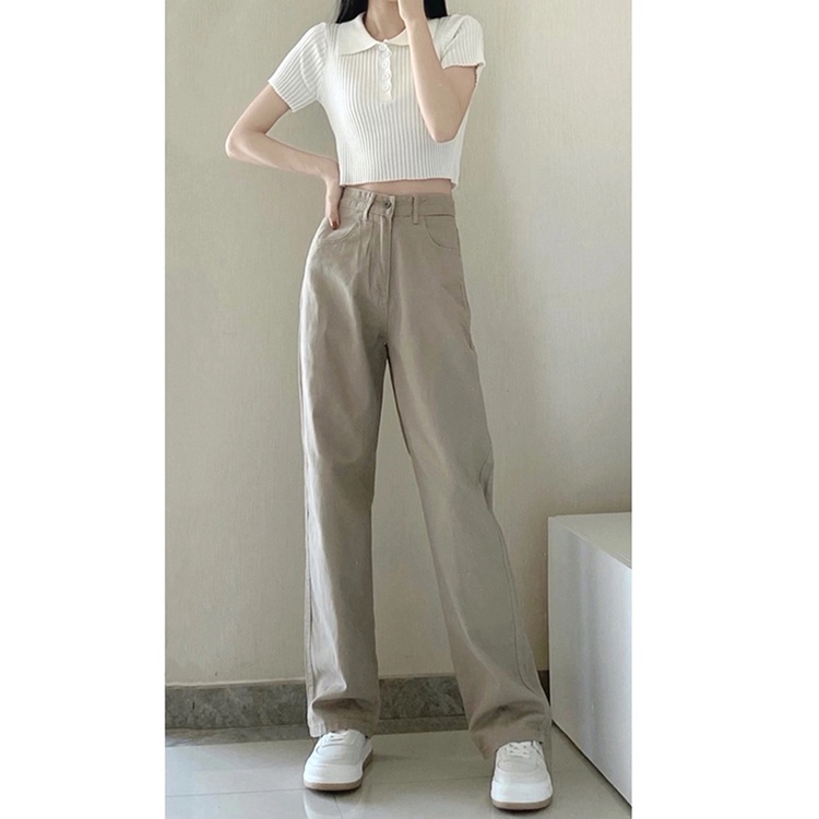 Celana Denim Wanita Jeans High Waist Korean Style Fashion Retro khaki Straight Pants Loose