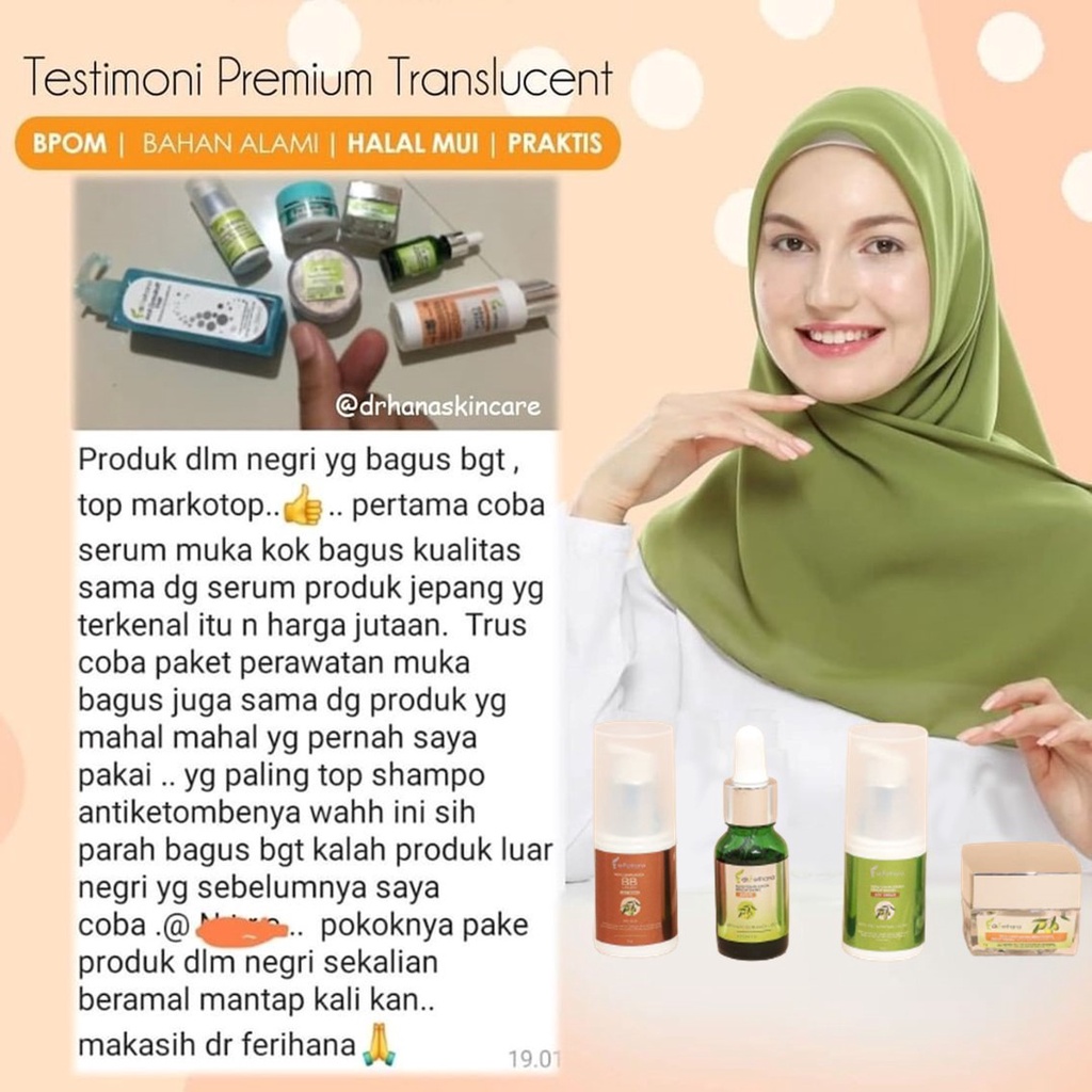 Paket Basic Translucent dr. Ferihana Cosmetics &amp; Skincare Paket Pencerah untuk Mengatasi Kulit Kusam Keriput Kering Flek Melasma Anti Aging Alami Terbaik BPOM LPPOM HALAL MUI