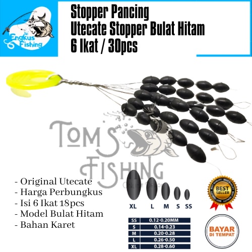 Stopper Pancing Utecate Uk SS,S,M,L &amp; XL Bulat Hitam Perbungkus (3 Ikat 30pcs) Murah - Engkus Fishing