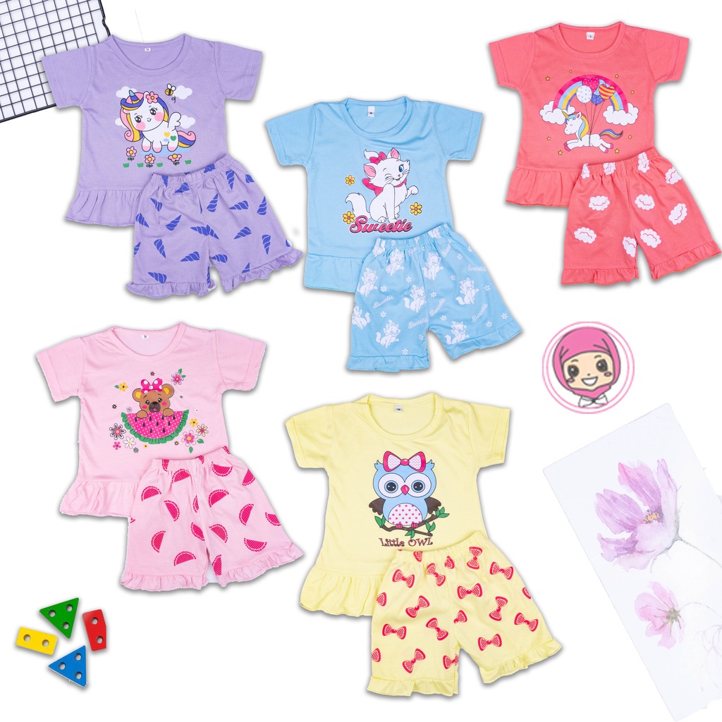 IL - Setelan Ruffle Set Karakter / Setelan Anak Perempuan Gambar Karakter Kartun