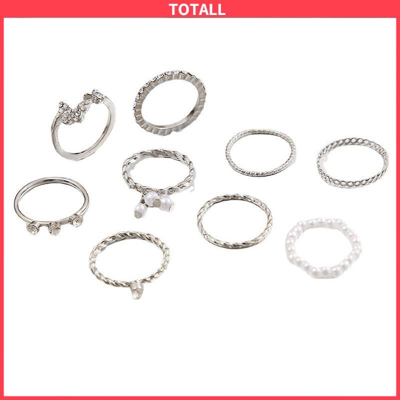 COD 9 PCS Wanita Tipis Berongga Mutiara Kristal Kupu-kupu Berlian Premium Knuckle Ring Set-Totall