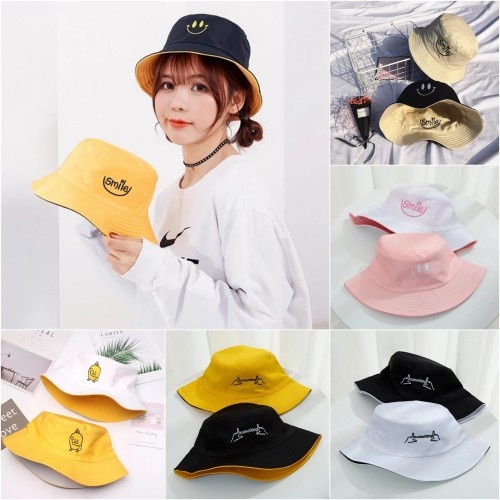 Topi Bucket smile Bordir Topi bucket Korea Wanita