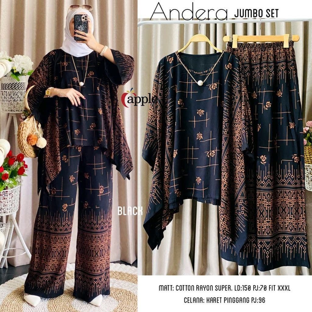 Andera One Set Jumbo Rayon Batik Premium Waka Waka Setelan Wanita Celana Panjang Set Bigsize LD 150 cm