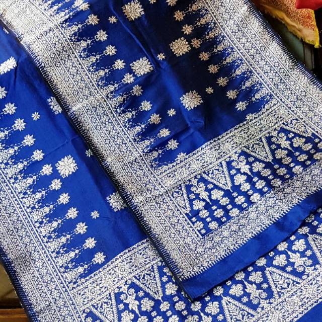Songket palembang asli sutra rayon 2 helai cantik manis biru elektrik mawar pucuk rebung silver