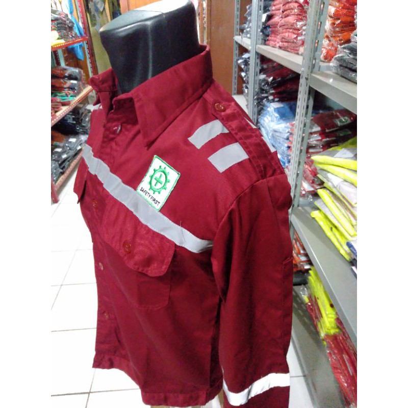 BAJU SAFETY MARON MAROON KANCING FREE LOGO K3 BENDERA SCOTLIGHT DOBLE