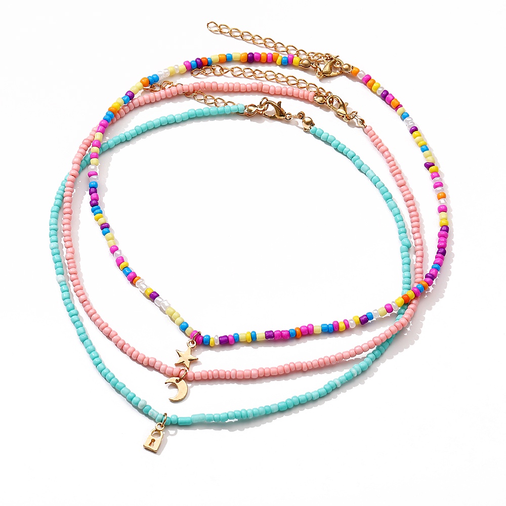 YEEZII Bohemian Retro Colorful Beads Multilayer Necklace Star Moon Lock Pendant Fashion Jewelry Accessories