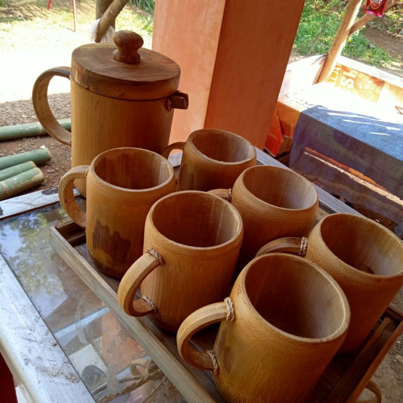 gelas bambu dan teko bambu beserta nampan bambu unik 1 set tea pot set