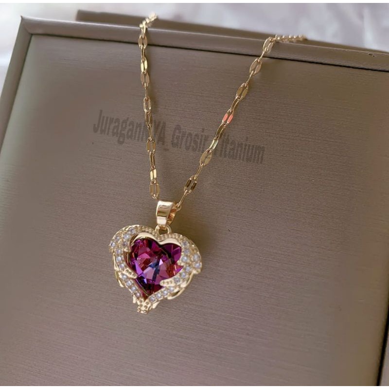 Kalung Titanium Elegant Love Kaca Full Mata Super Cantik Anti Karat