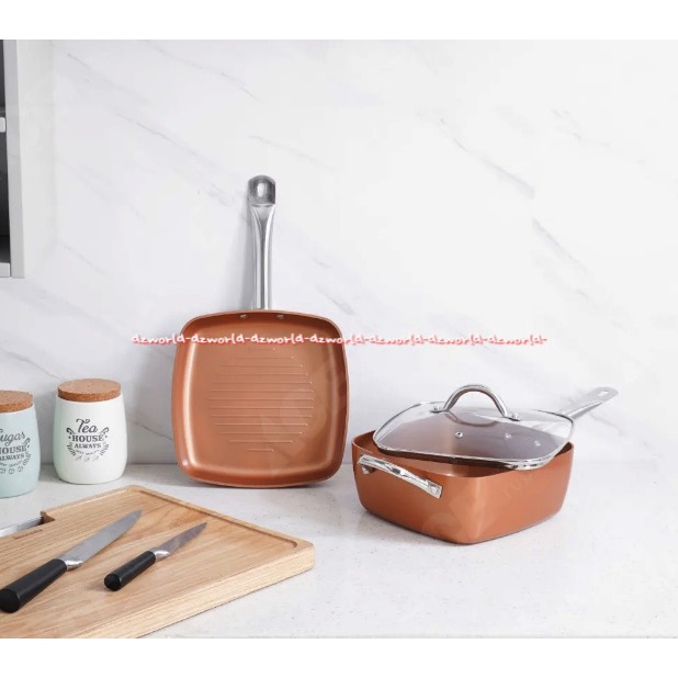 Culinart Ceramic Square Cookware 3pcs Panci Wajan Dengan Tangkai Warna Gold Tembaga Kuning Culin Art