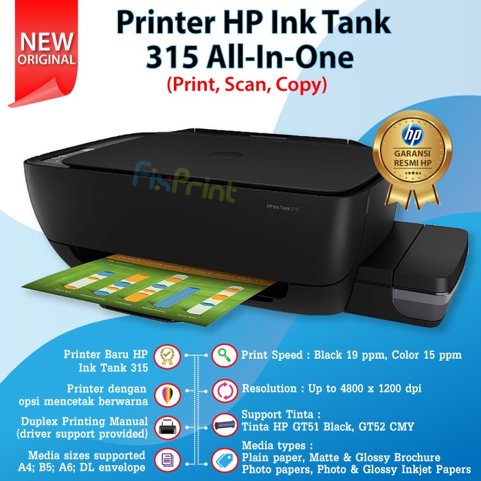 Printer Ink Tank HP 315 Print Scan Copy Infus Pabrik Resmi Tinta GT51 Black GT52 Cyan Magenta Yellow