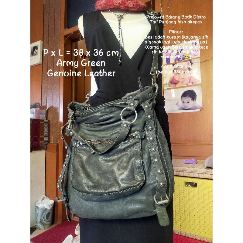 Preloved Tas Butik Distro Kulit Asli Army Green Hijau Tentara Murah Tahan Banting