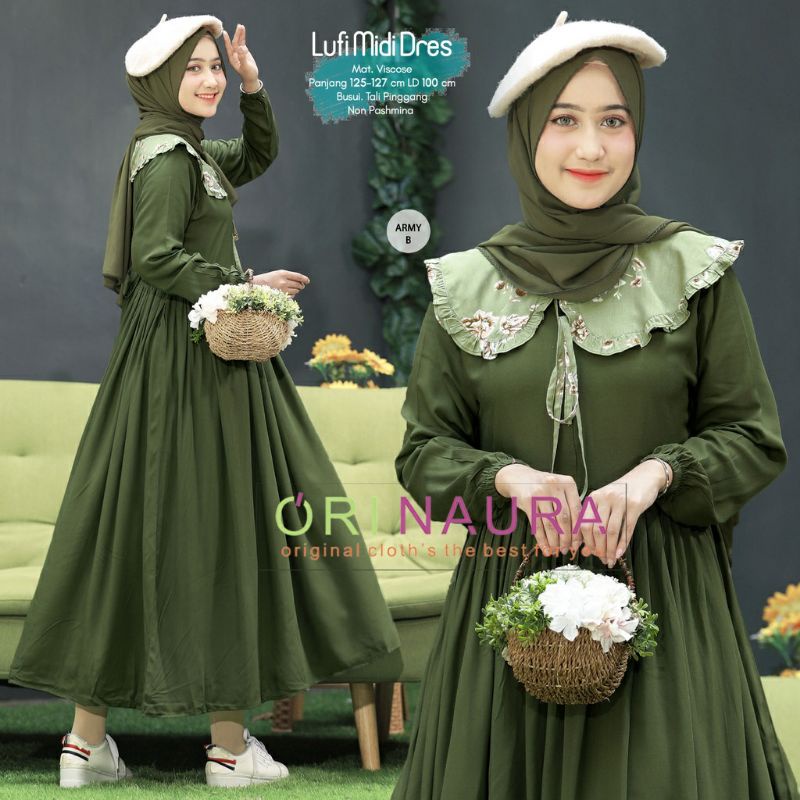 Lufi Midi Dress Ara Midi Ori NAURA Army Series Kombinasi Polos Motif Busui Rayon Viscose